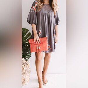 Umgee boho floral embroidered A-line babydoll dress lace details cotton blend L